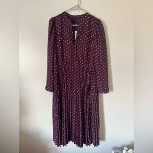 Ann Taylor Plum Long Sleeve Pleated Midi Dress with White Diamond Print